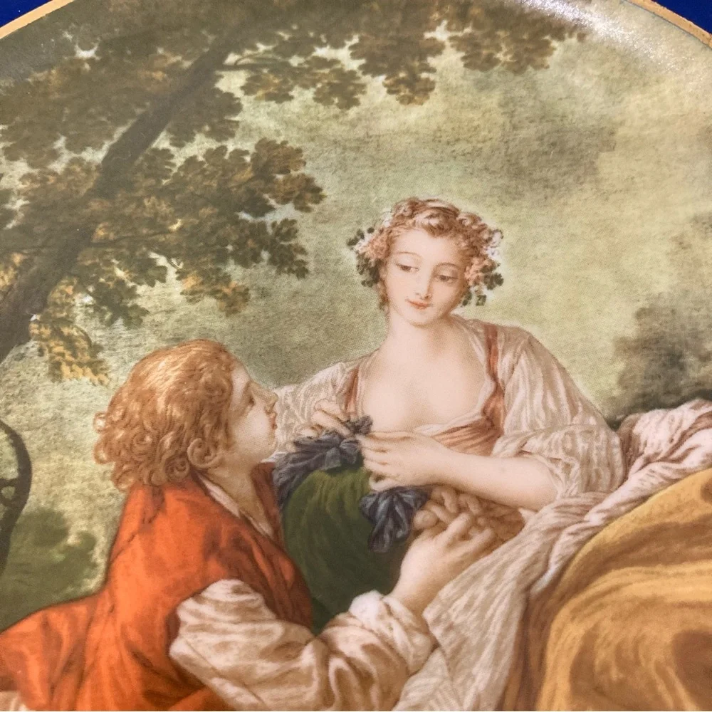 Pair Vintage Reproduction Blue & Gold Decorative Plates Wall Hanging French Art